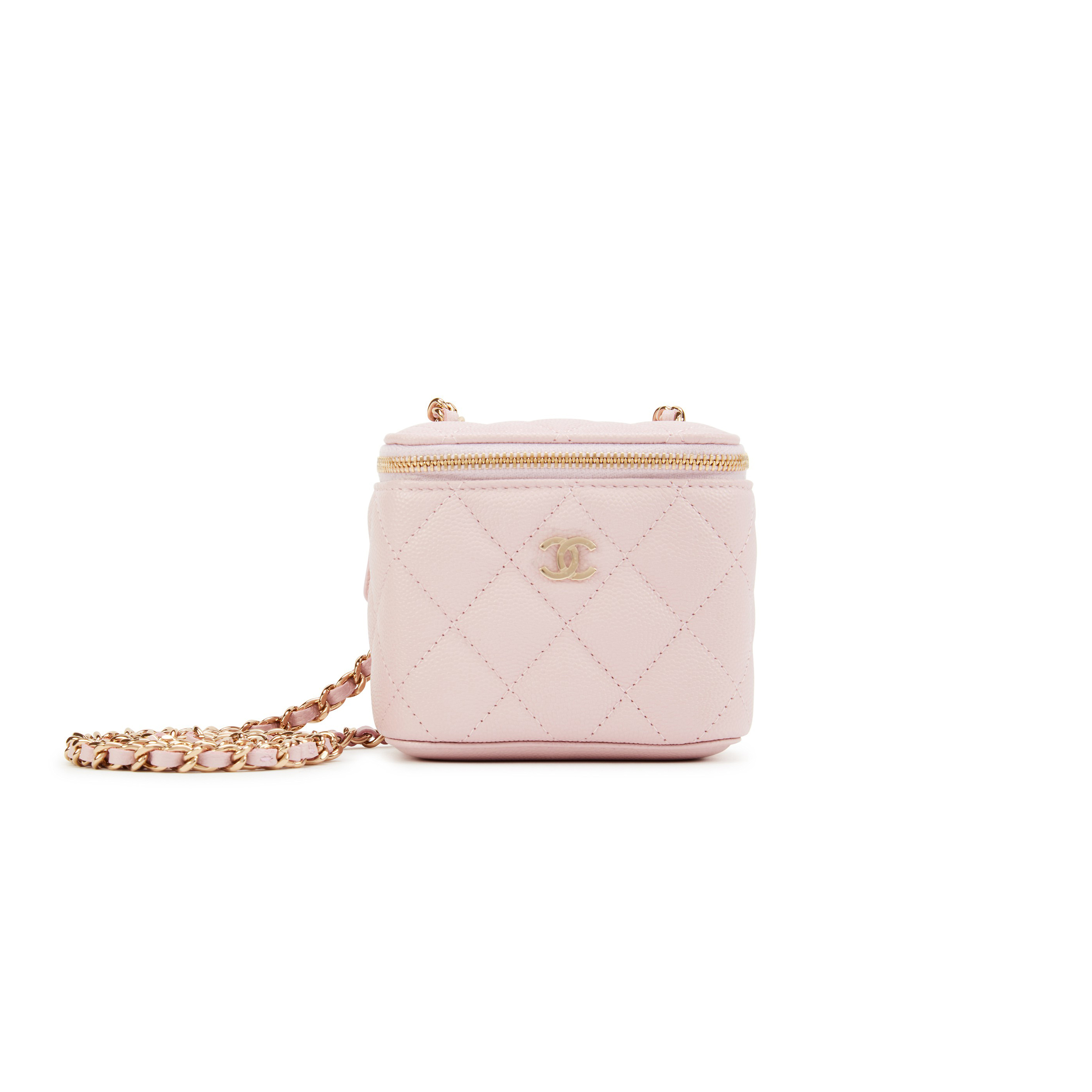 Ch*el light pink quilted grained calfskin mini vanity with chain gold hardware ap2198 (11*8.5*7cm)